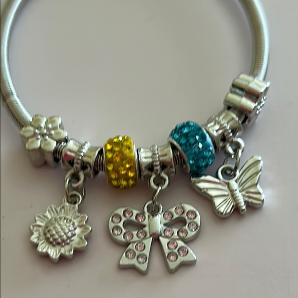Silver Charm Bracelet with Yellow & Blue, Sunflower, Butterfly, Bow Accents NEW - Picture 2 of 7